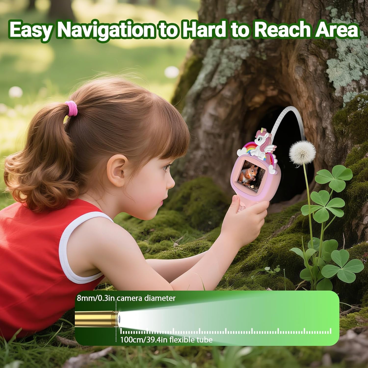 Kids Endoscope Camera with Light - Unicorn Design STEM Educational Science Toy, Ideal for Outdoor Adventures & Nature Activities, Birthday Gift for Girls Aged 4-10 (Pink)