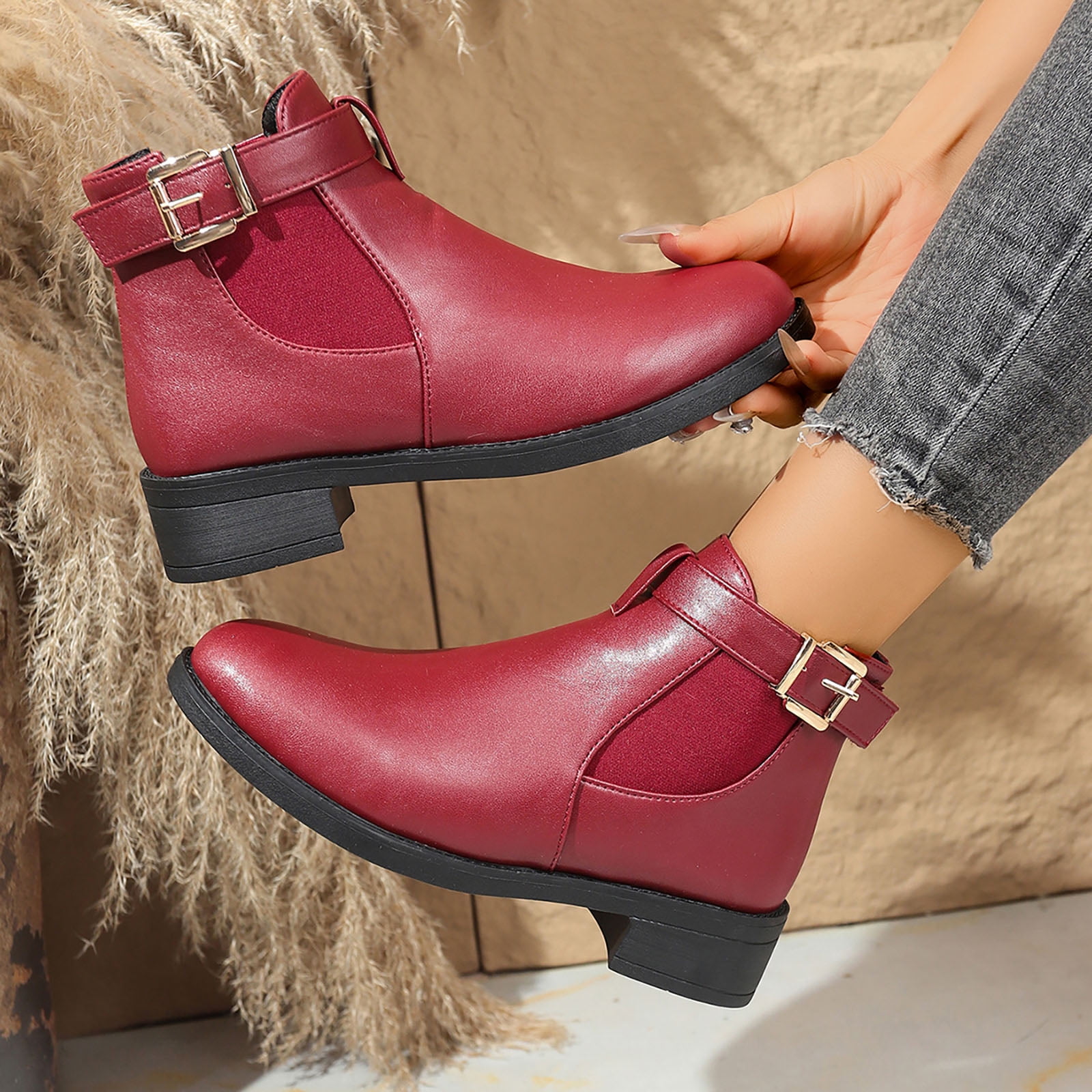 靴 CLANE EGDE ROUND SHORT BOOTS Leather Ankle Boots for Women Round Toe Low Heel Slip On Short