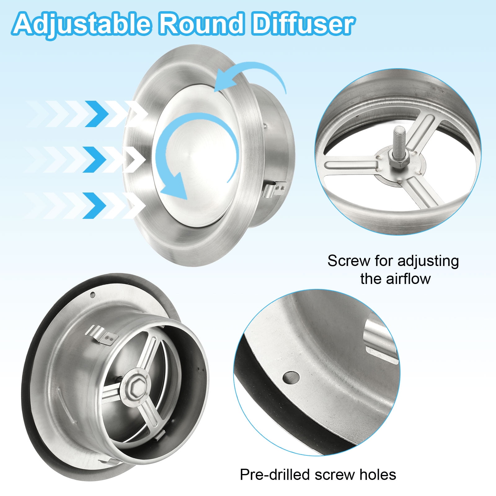 Uxcell Round Ceiling Diffuser, 304 Stainless Steel Adjustable Wall Air Vent Diffuser Vent Duct Cover Exhaust Supply, 4 Inch