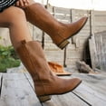thumbnail image 4 of Rokment Womens Wide Calf Cowboy Boots Fashion Embroidered Leather Pointed Toe Chunky Block Heels Western Mid Calf Cowgirl Riding Boots Brown Size 9, 4 of 7