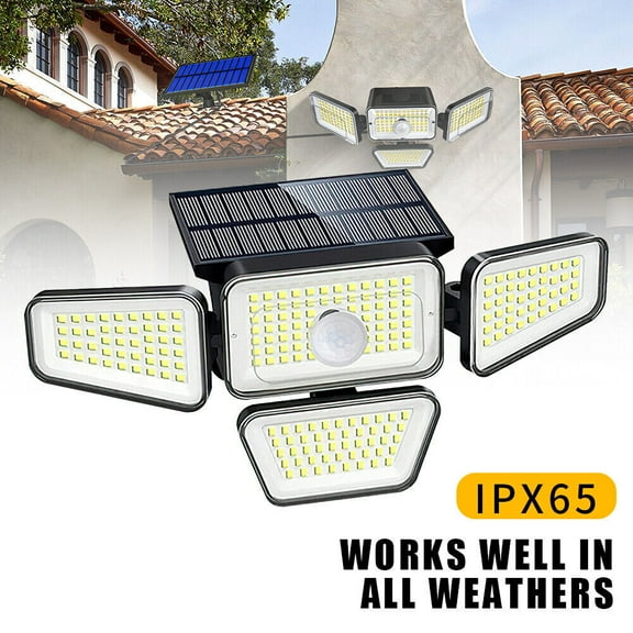 DFITO LED Solar Motion Security Lights Outdoor 4 Head 3000LM Motion Sensor Light Adjustable Flood Light Garden Waterproof