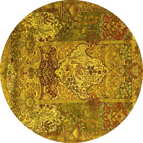Ahgly Company Machine Washable Indoor Round Persian Yellow Traditional Area Rugs, 5' Round