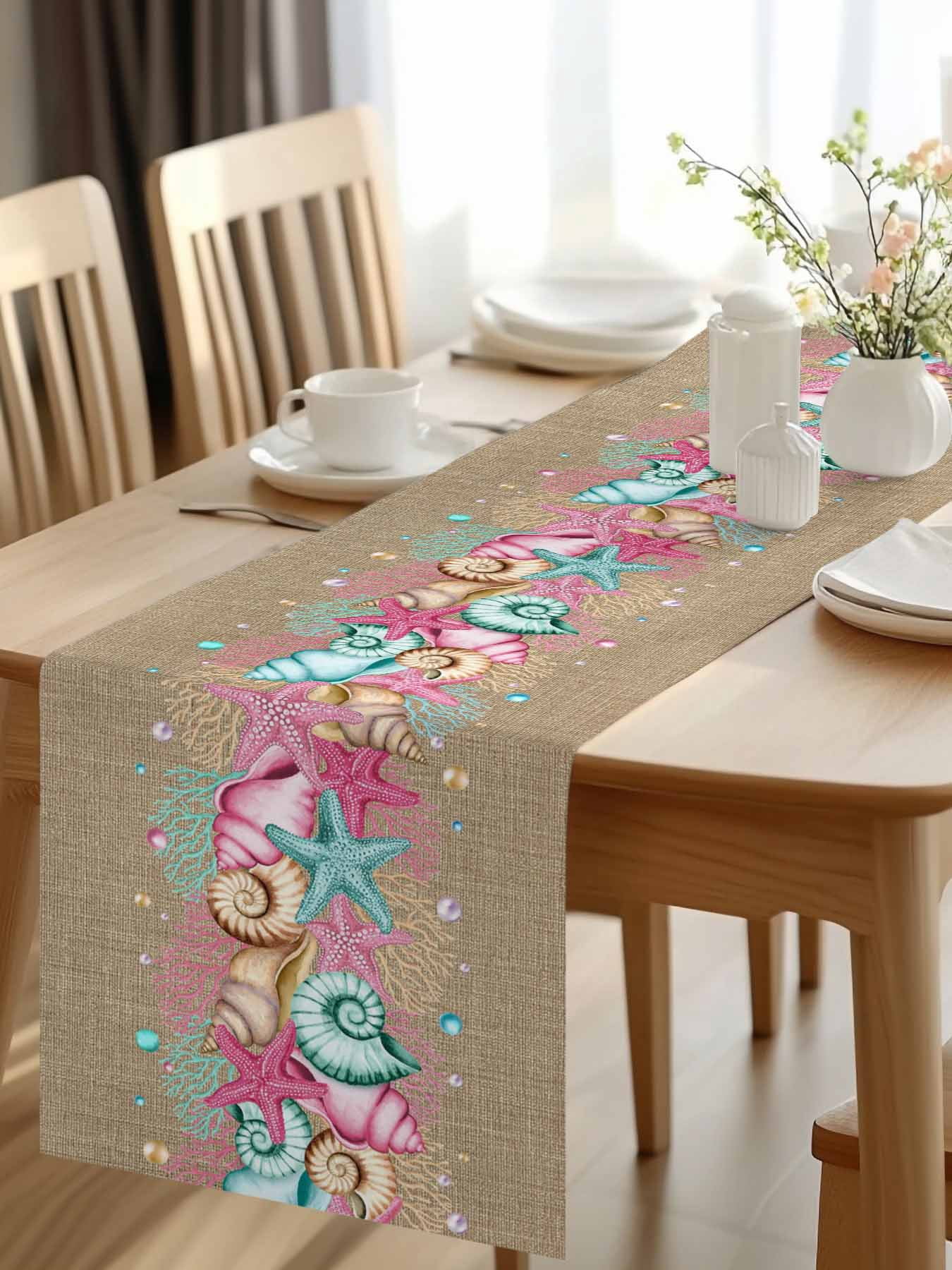 Summer Pink Table Runner, Starfish Shell Coral Beach Marine Life Brown Linen Washable Cotton-linen Table Runners Dining Kitchen Decoration for Everyday Home Wedding Party Decor, 13 x 90 Inch