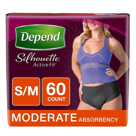 Depend Silhouette Active Fit Incontinence Briefs for Women, Moderate Absorbency, S/M, 60