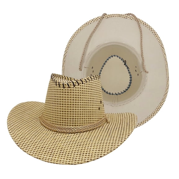 VONCOS Beige Unisex Straw Cowboy Hat Western Wide Brim Sun Protection Breathable Outdoor Festival Beach Rodeo Adjustable Chin Strap,Size M