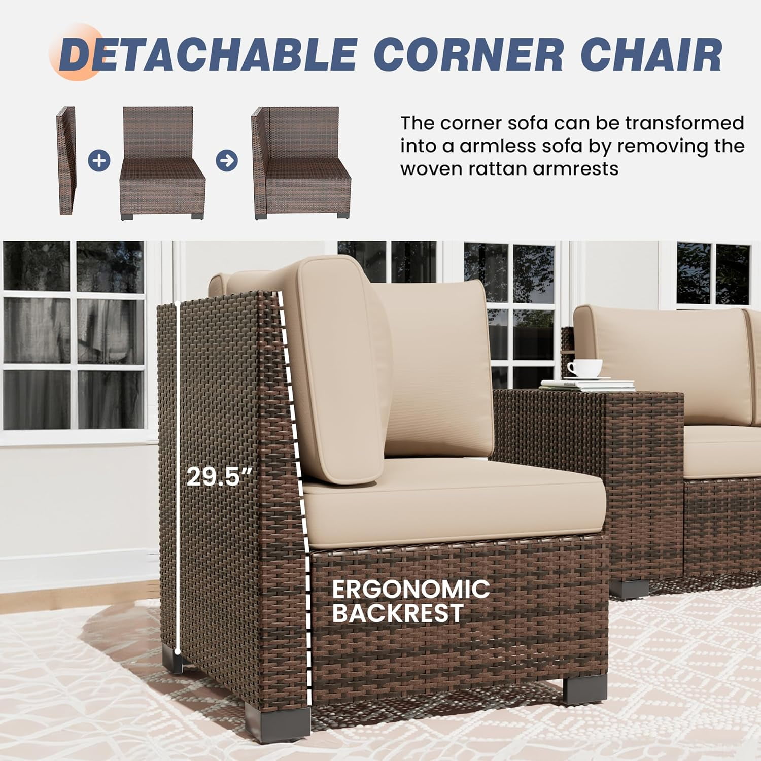 ELPOSUN Outdoor Sectional Furniture Set 6-Piece Brown Rattan Wicker Conversation Sofa Set with Glass Top Table,Beige Cushions
