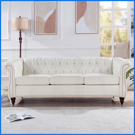 Classic Rolled Arm Chesterfield 3-Seater PU Leather Sofa - 84.65”W for Living Room