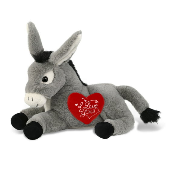 DolliBu I Love You Plush Super Soft Laying Donkey - Cute Stuffed Animal Donkey with Red Heart Plush for Valentines, Anniversary, Romantic Date, Boyfriend, or Girlfriend Gift - 9 Inches