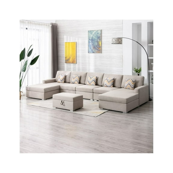 Nolan Beige Linen Fabric 6PcDouble Chaise Sectional Interchangeable Legs Ottoman
