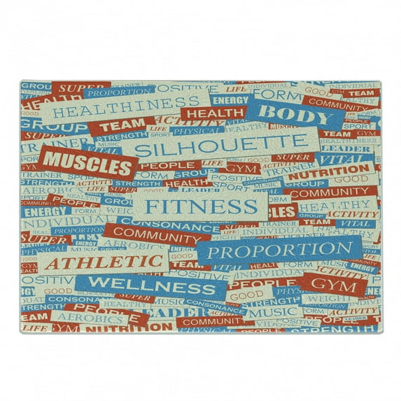 Fitness Cutting Board, Collage of Words Physical Activity Healthiness Nutrition Bodycare Theme, Decorative Tempered Glass Cutting and Serving Board, Small Size, Sky Blue White Red, by Ambesonne