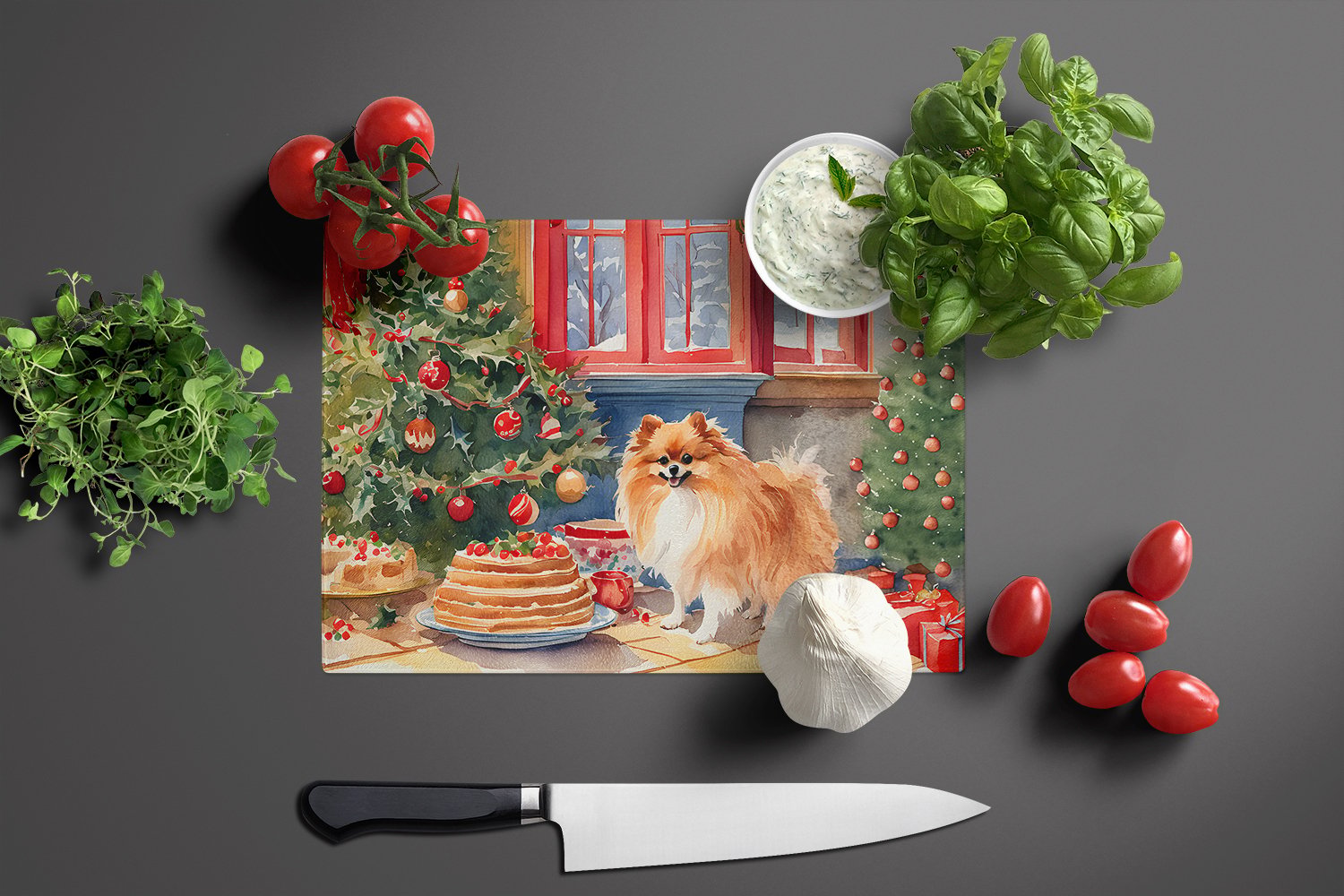thumbnail image 3 of Pomeranian Christmas Cookies Glass Cutting Board 12 in x 15 in, 3 of 5