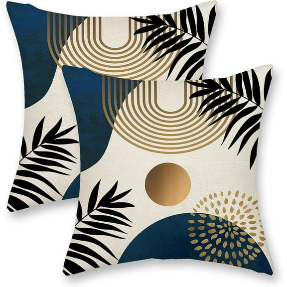 Navy Blue Boho Pillow Covers 18x18 Inch 2 Pcs Mid Century Modern Abstract Summer Outdoor Decor Throw Pillows Tropical Leaf Farmhouse Decoration Pillowcase Linen Cushion Cover for Couch Sofa