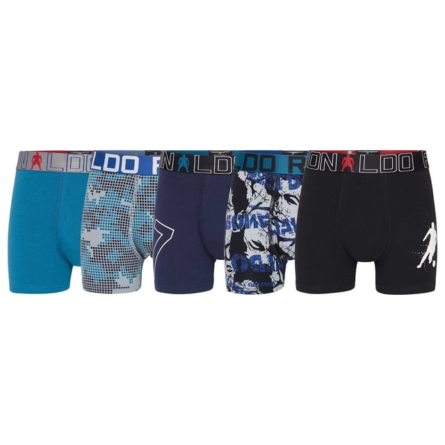 CR7 Calzoncillos de niño, pack de 5 - Motivos de Cristiano Ronaldo, calzoncillos, algodón elástico, logo en la cintura Negro/Azul/Turquesa 104/110