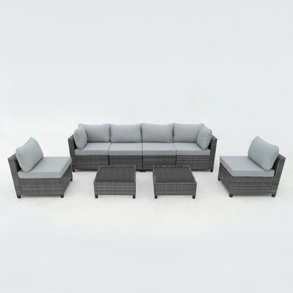 Deko Living 8 Piece Gray Outdoor Sectional Wicker Sofa Chairs and Tables with Interchangable Blue and Gray Cushion Covers