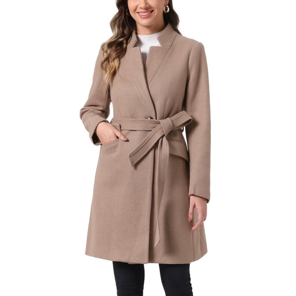 INSPIRE CHIC Women Vintage Belted Coat for Women's Stand Collar Winter Outwear Coats L Dark Beige