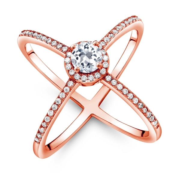 Gem Stone King 1.42 Ct Round White Topaz 18K Rose Gold Plated Silver Criss Cross X Ring (Size 7)