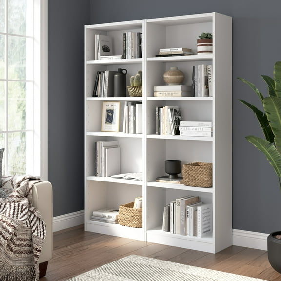 Universal 25W Tall 5 Shelf Bookcase Set in White - Engineered Wood