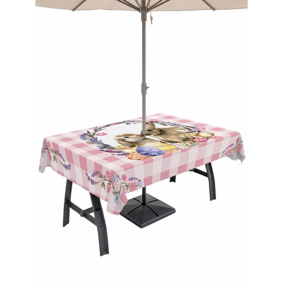 Outdoor Tablecloth with Umbrella Hole and Zipper, Easter Bunny Rectangle Table Cloth 54x80 Inch Waterproof Tablecloth, Spring Easter Eggs Chick Floral Pink Check Picnic Table Cover for Patio Camping