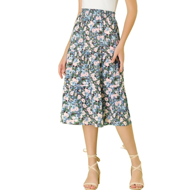 Unique Bargains Jupe Midi Décontractée à Imprimé Floral Évasée pour Femme,