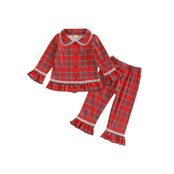 Cjfdfy Toddler Baby Girl Christmas Red Plaid Pajamas Set Kids Girls PJS Set Sleepwear Fall Winter Clothes Checkered Print Long Sleeve Button Down Ruffled Shirt with Long Pants Set Loungewear 1-6Y