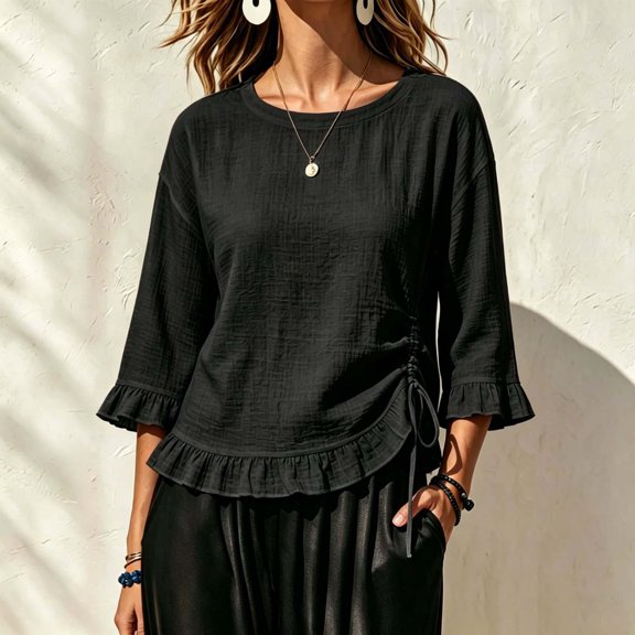 thefmos Women's Fall 3/4 Sleeve Ruffle Blouses Round Neck Drawstring Ruched Tops Casual Boho Pullover Shirts Solid Fashion Clothes for Vacation, Black L