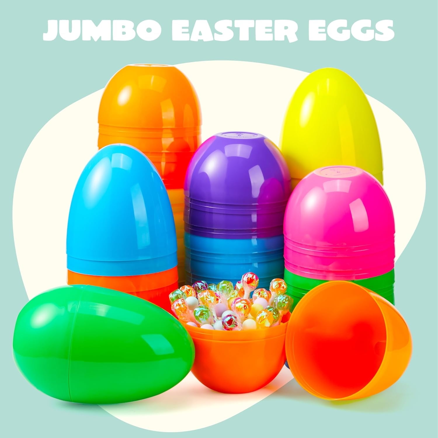 Joyfy 12 Pcs 6 inches Large Easter Eggs, Plastic Colorful Jumbo Easter Eggs, Empty Fillable for Easter Egg Hunt,Basket Stuffers Fillers, Filling Treats Party Favor Classroom Prize Supplies
