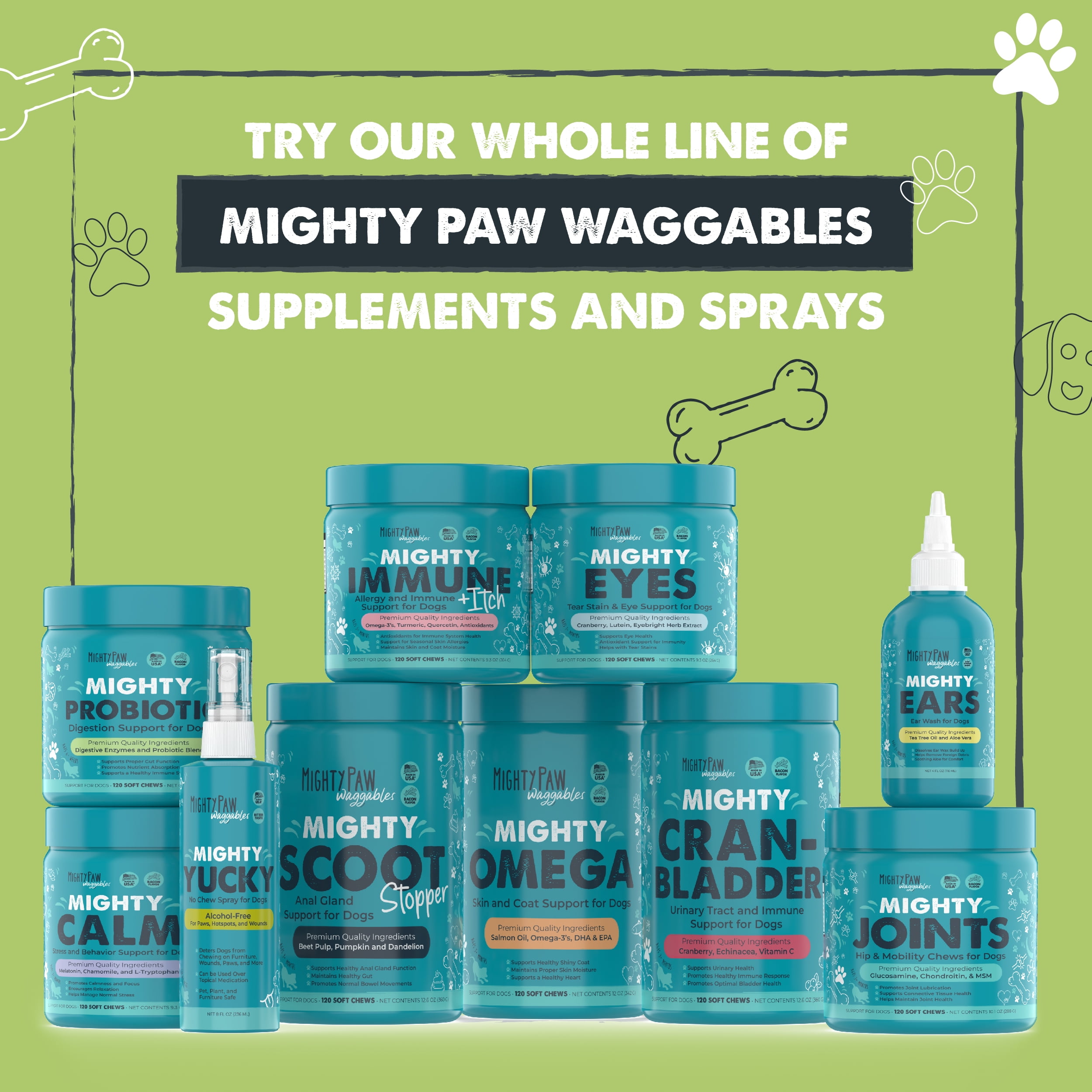 Mighty Paw Waggables Dog Probiotics Chews, Digestive Enzymes Supplement, Bacon Flavor, USA, 120 ct