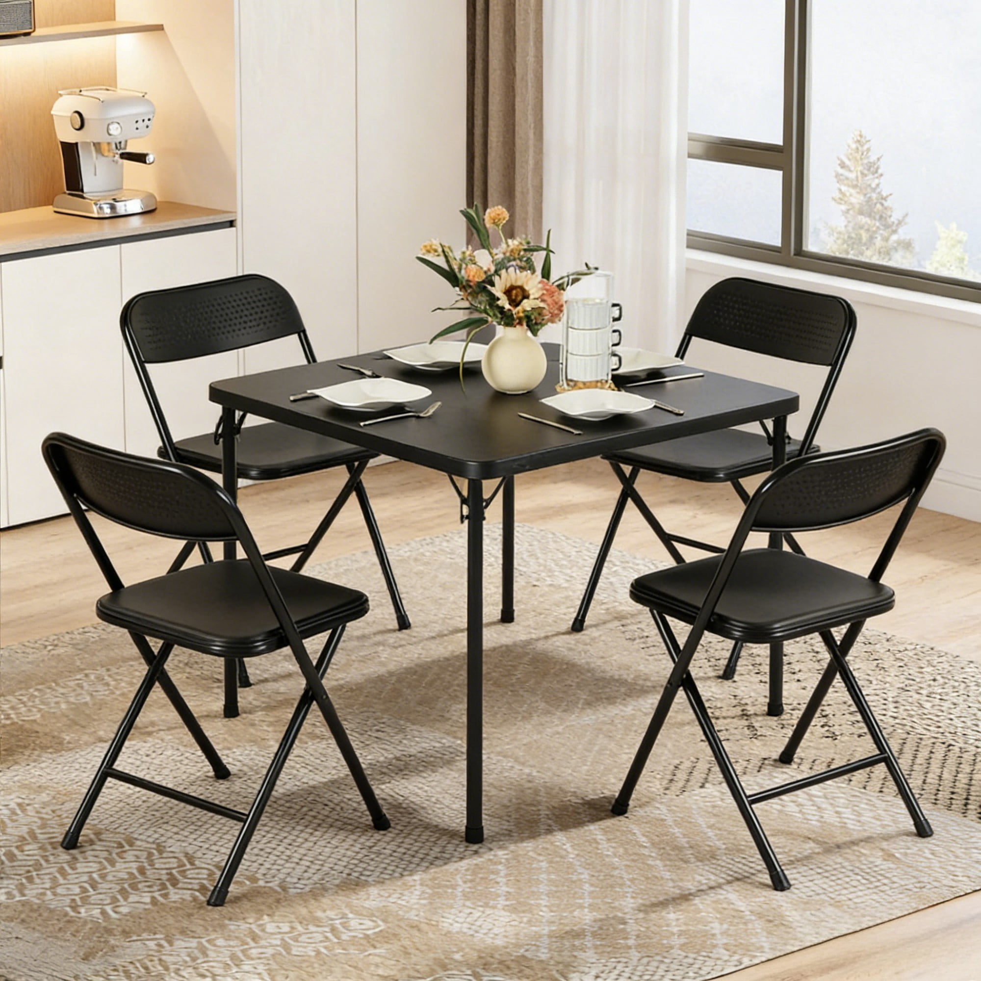 BSHTI 34" Square Folding Table – No Assembly Portable Card Table, PVC Top with Metal Frame, Indoor Outdoor Use for Dining Room, Living Room, Office & Camping, Black
