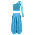 thumbnail image 2 of Haitryli Kids Girls Belly Jazz Dance Outfits Asymmetrical Shoulder Crop Top with Wide-Leg Bloomers Trousers Set Light Blue 16, 2 of 5