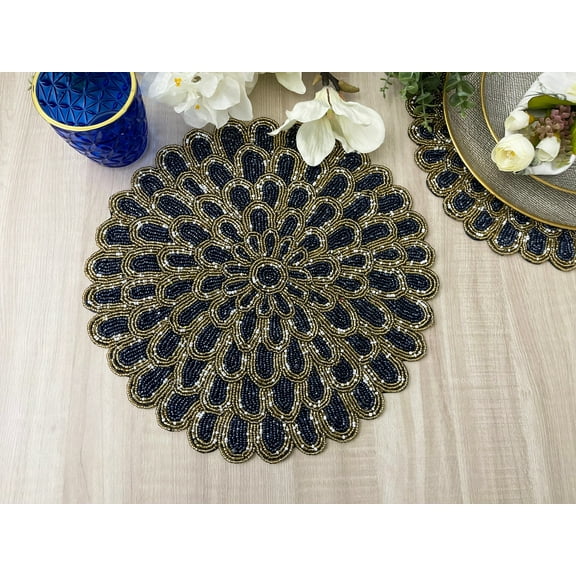 Set of 6, Handmade placemat, beaded round table placemat, Navy blue gold, 14 inch