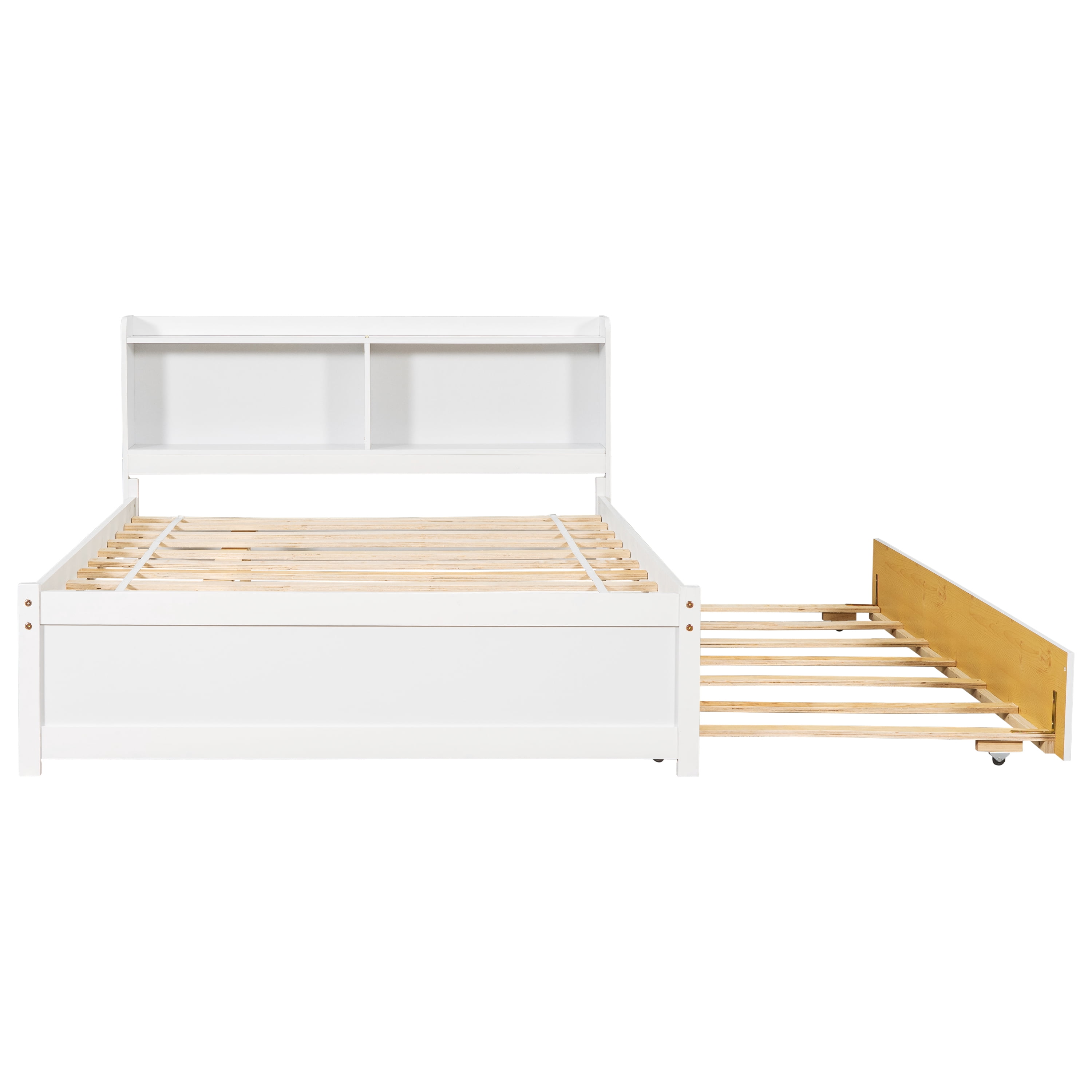 Sailvan Full Size Platform Bed with Trundle and Storage Bookcase Headboard, Solid Pine Wood White
