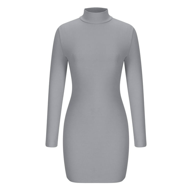 Lovskoo Women Mock Neck Ribbed Bodycon Dress Long Sleeve Mini Pencil Dresses Gray
