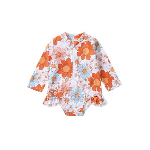 Bagilaanoe Toddler Baby Girl One-Piece Swimsuit Flower Print Long Sleeve Zipper Rashguard Swimwear 6M 12M 18M 24M 3T 4T 5T Kids Ruffle Bathing Suit