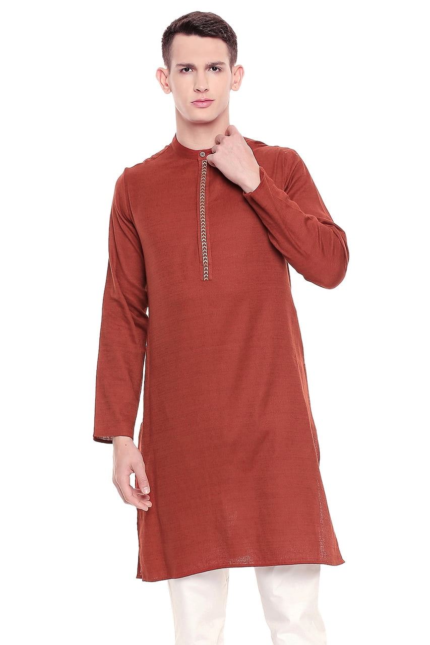 InSattva Shatranj Men's Indian Banded Collar Subtle Embroidered Placket Long Kurta Tunic