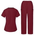 thumbnail image 4 of QATAINLAV Two Piece Sets for Women Summer Short Sleeve Scrubs Set Casual V Neck Scrub Tops and Wide Leg Work Pants with Pockets Wine XXL, 4 of 9