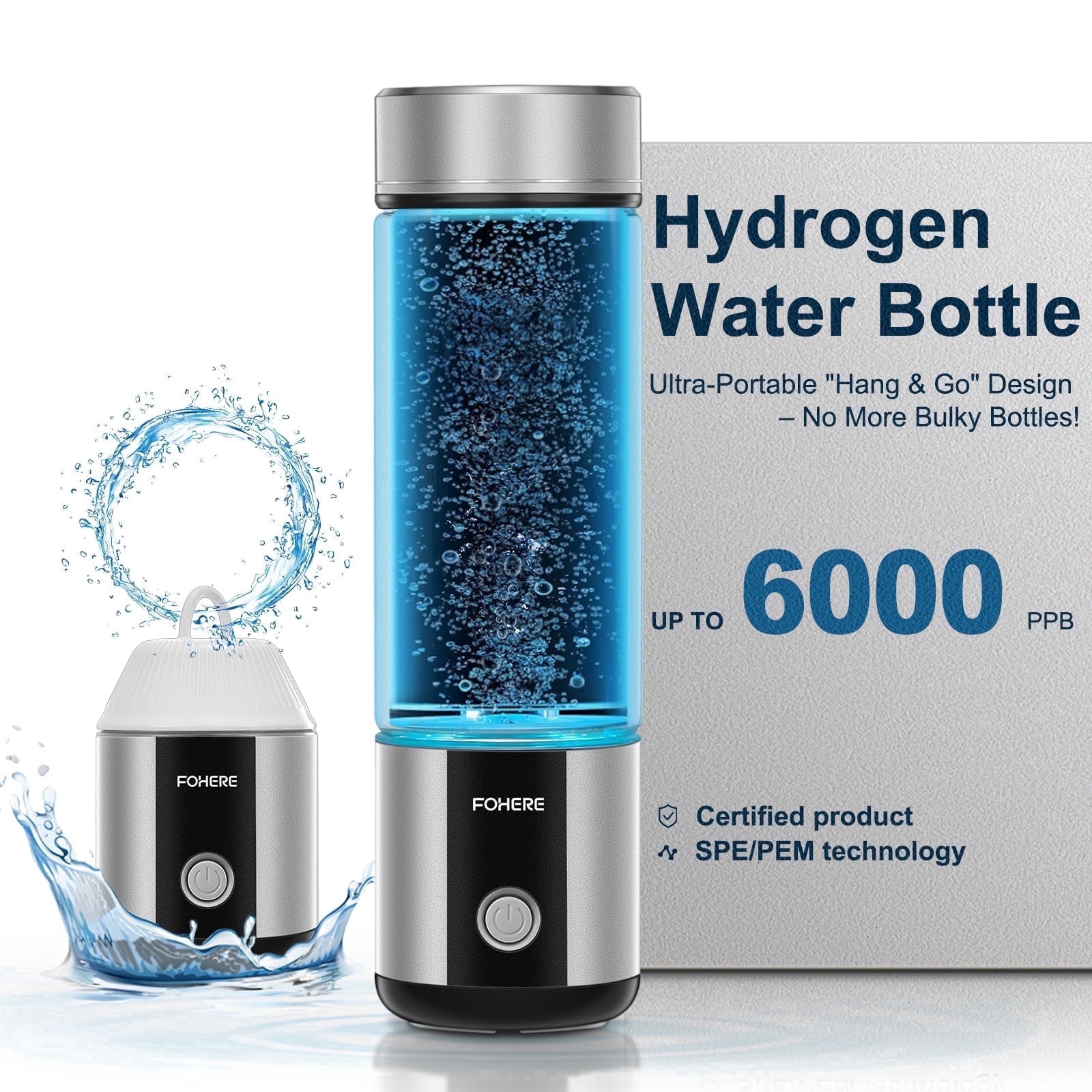Hydrogen Water Bottle with Portable Hang-On Lid, Up to 6000 PPB, Screws onto Any Standard Water Bottle for On-the-Go Hydration, FDA Food-Grade & FCC Certified,  Outdoor