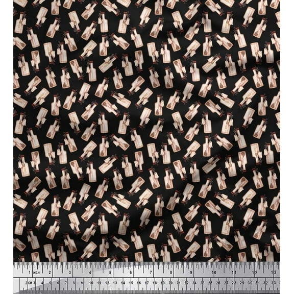 Soimoi Black Cotton Duck Fabric Hedgehog & Bottle Artistic Print Fabric by the Yard 42 Inch Wide