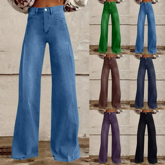 QIUOMBBP Flare Pants for Women Elastic High Waisted Button Denim Pants Casual Loose Wide Leg Jeans with Pockets, Army Green, L