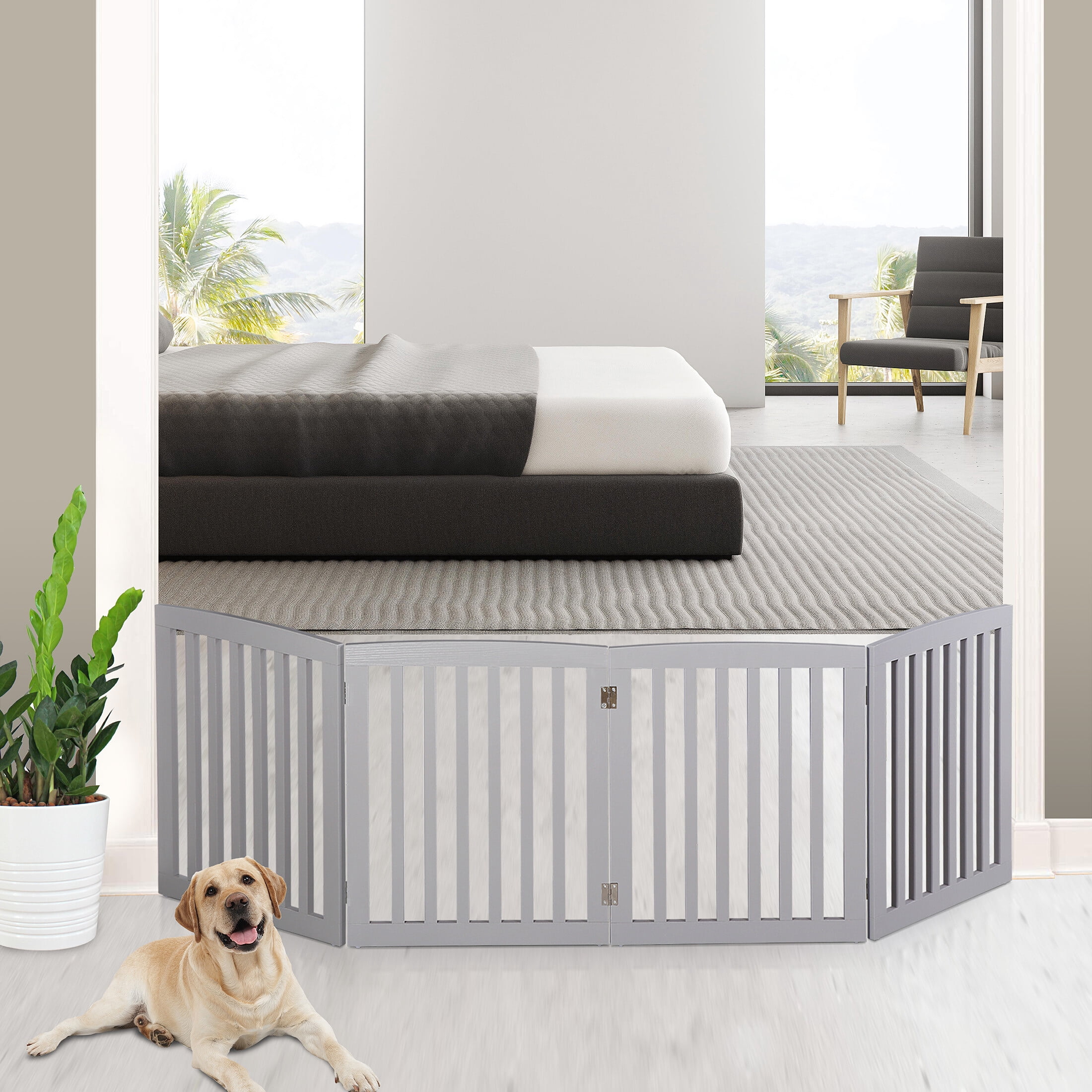 HomGarden 24'' Height Pet Dog Gate Folding 4 Panels for Home Doorways Stairs Light Gray