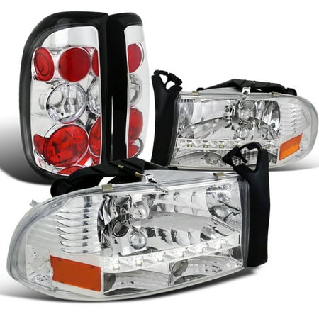 Euro Tail Lamps Crystal - Spec-D Tuning 1997-2004 Dodge Dakato Euro Crystal Chrome Headlights + Clear Rear Tail Brake Lights (Left + Right) 97 98 99 00 01 02 03 04