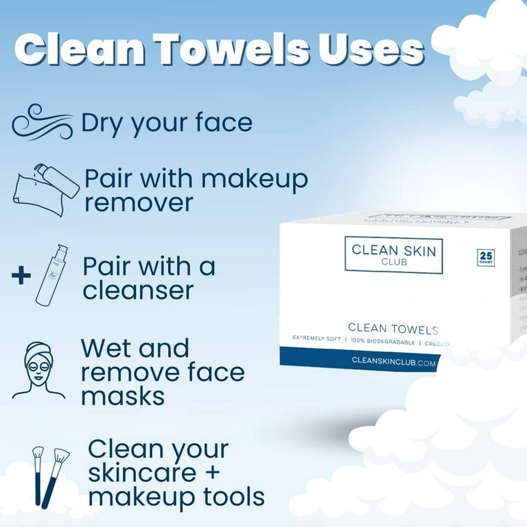  Clean Skin Club Toallas limpias, 100% toalla facial aprobada  por dermatólogos a base de plantas por USDA, toalla facial desechable  clínicamente probada, toallita facial, toallitas secas removedor de  maquillaje, ultra suaves