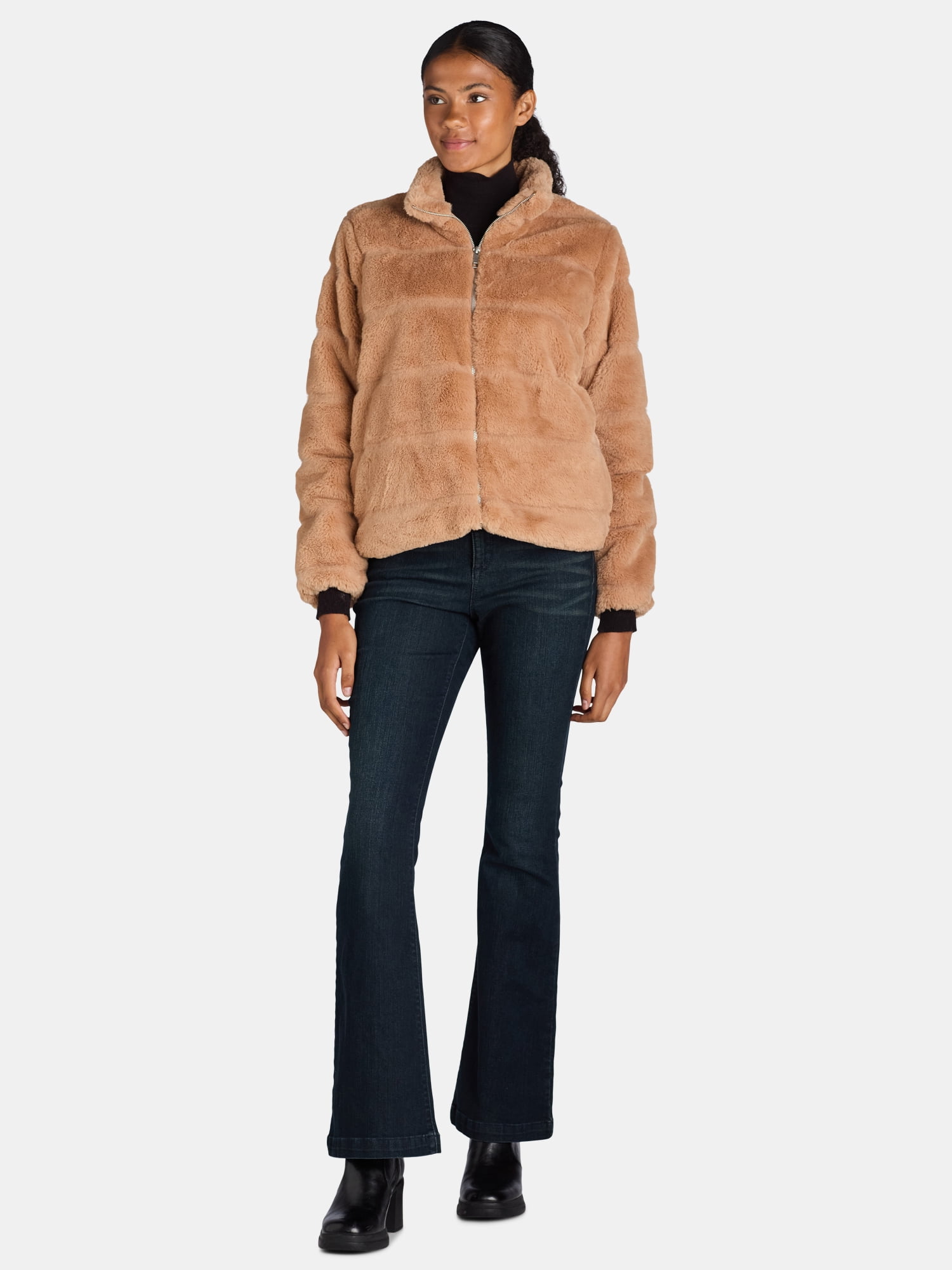Time and Tru Women's and Women's Plus Faux Fur Channel Jacket, Sizes XS-3X