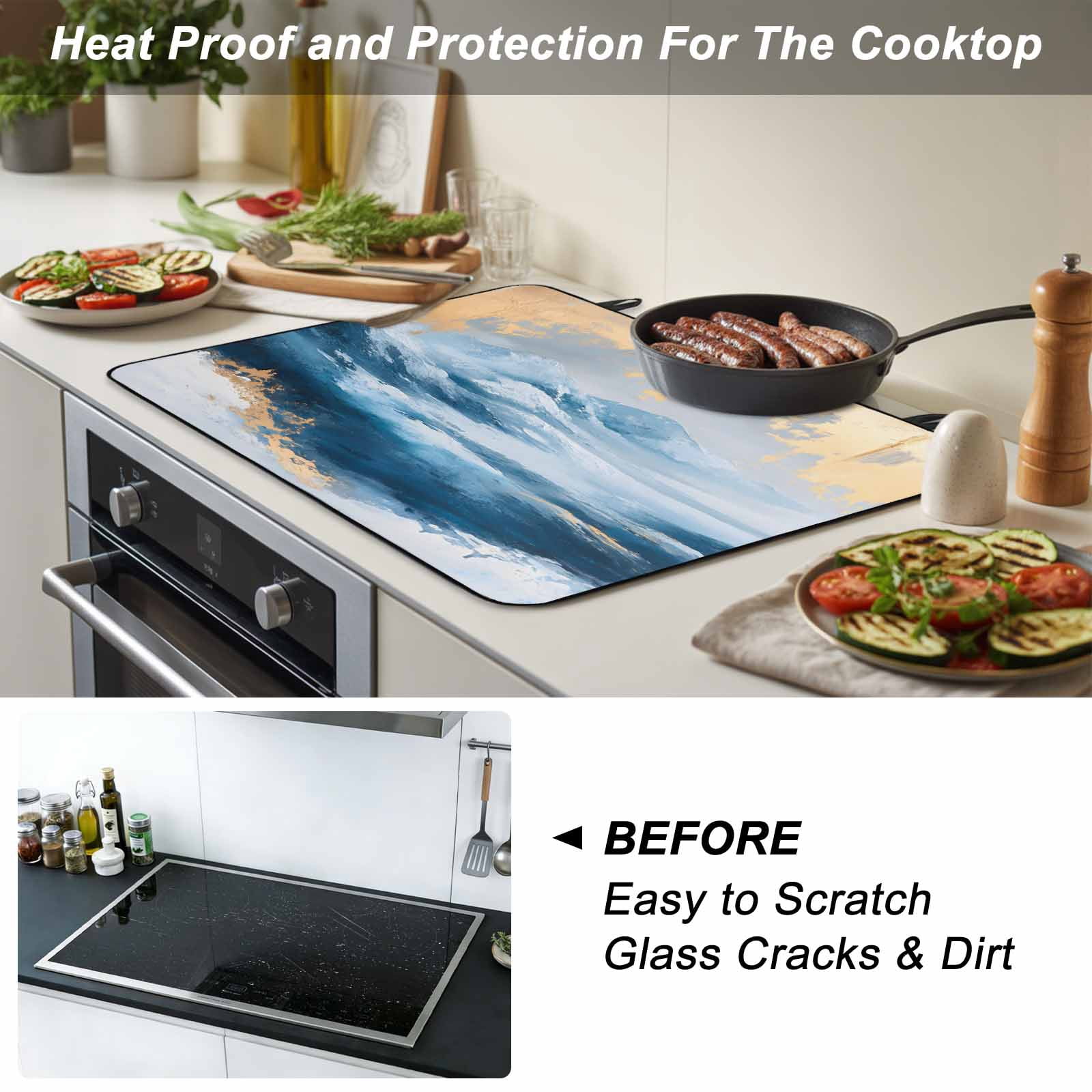 Blue Yellow Stove Top Cover for Electric Stove, Heat-proof & Non Slip Glass Top Stove Cover Protector, Modern Abstract Oil Painting Ombre Kitchen Flat Cooktop Rubber Mat 24x21 Inches