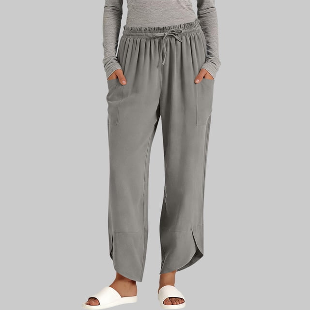 Pincandy Women's Solid Color Elastic Waist Pockets Drawstring Irregular Hem Linen Blend Pants, Casual & Daily Wear