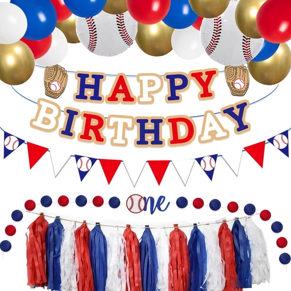 76pcs Baseball Birthday Party Decorations Kit Including Happy Birthday Banner Paper Pom PomsOne Cupcake TopperTriangle Bunting Flag and Baseball Balloons for Kids Boys Girls 1st Birthday Supplies
