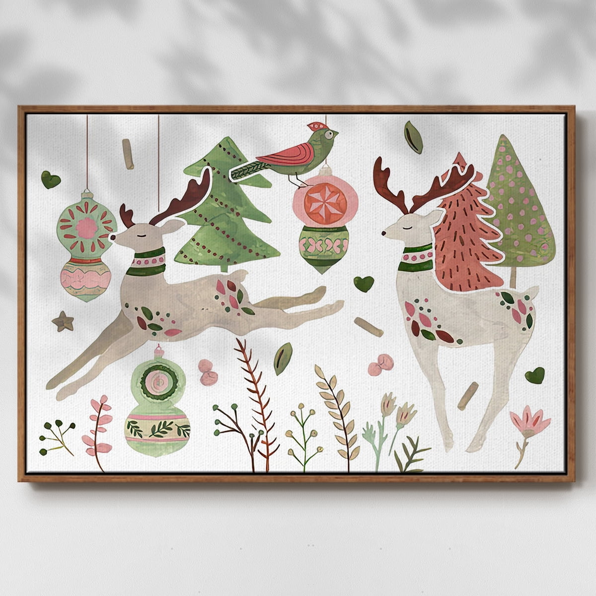 Reindeer Wishes Collection A - Framed Gallery Wrapped Holiday Canvas - 27 x 41 - Rosewood Frame