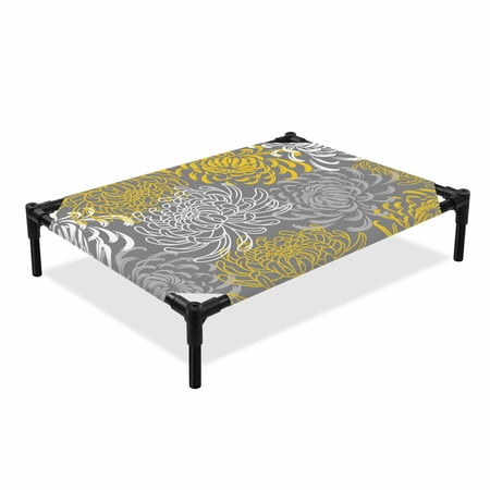 Vintage Floral Elevated Dog Bed Pastoral White Yellow Chrysanthemum Cooling Breathable Outdoor Raised Dog Cot Bed with Metal Frame Non-Slip Feet for Medium Dog 24x20in