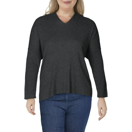 Anne Klein Womens Ribbed Knit Oversized V-Neck Sweater Gray L/XL