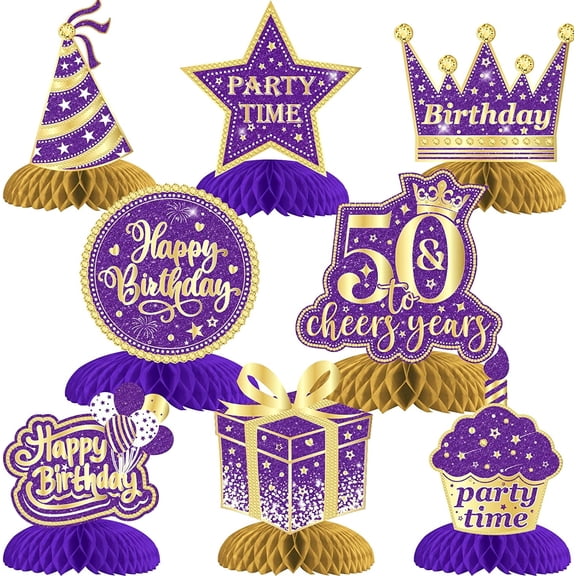 8 Pieces 50th Birthday Decorations Purple Gold, 50th Honeycomb Centerpieces for Tables, Cheers to 50 Years Table Toppers for Women Fifty Years Birthday Party Decoration Supplies