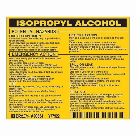 Brady Chemical Label, 3 3/4 in H, 4 1/2 in W, 93554,PK25 93554